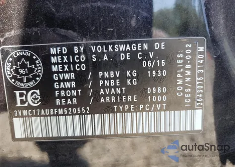 2015 Volkswagen Golf Sportwagen S из США, поврежденный, VIN 3VWC17AU8FM520552